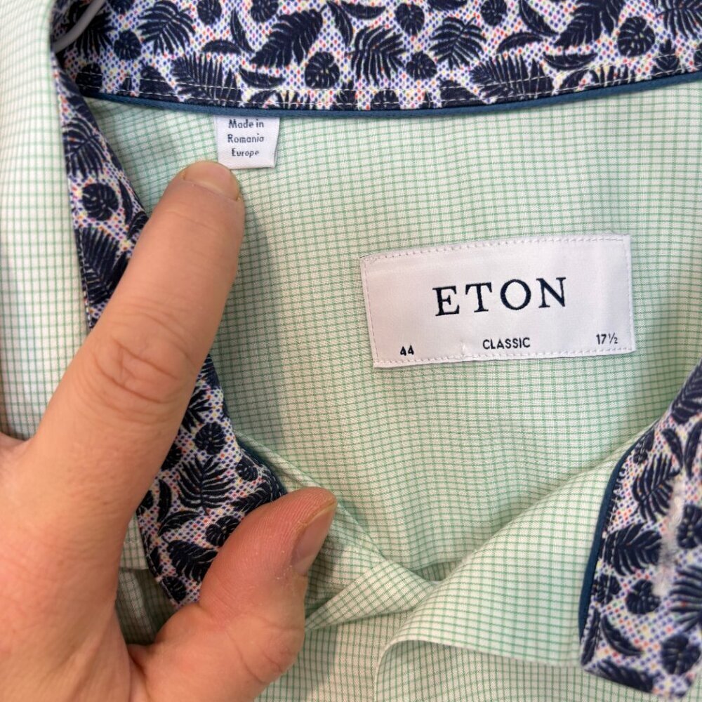 ETON of Sweden Micro Plaid Print Classic Fit Green Casual Shirt 17 1/2 / 44